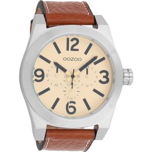 OOZOO Timepieces - Zilverkleurige horloge met cognac leren band - C6731