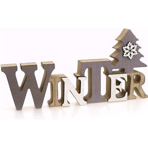 Decoratieve houten standaard belettering winter 23 x 11 cm groot, hout grijs wit bruin, landelijke stijl standaard sierbord houten bord winterdecoratie