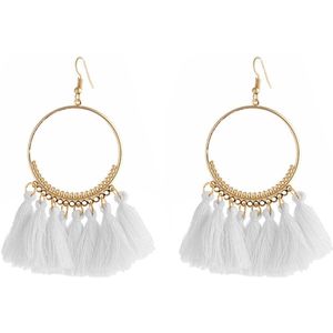 Fako Bijoux® - Oorbellen - Bohemia - Kwastjes Ring - Wit - Goudkleurig