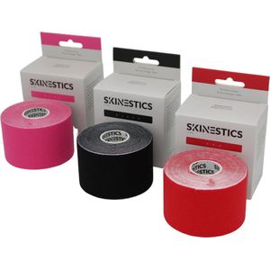 Skinestics Kinesiologie tape – Sport tape – Fysio tape – Kleur Zwart+Rood+Roze nu 20% langer, 600 cm lang bij 5 cm breed, 170% rekbaar gelijk aan menselijke huid, standaard voorzien van extra sterke lijm, katoen, voor het hele lichaam, medical taping