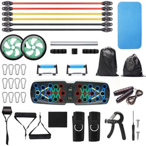 Belle Vous Portable Home Gym Fitness Board - 20-In-1 Muscle Training Exercise Equipment - Multifunctional Full-Body Workout Stand - Push-Up Bar, Ab Roller Wheels & Resistance Bands for Men & Women