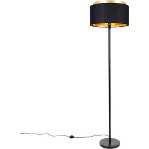 QAZQA shade-duo - Moderne Vloerlamp | Staande Lamp met kap - 1 lichts - H 166 cm - Zwart Goud - Woonkamer | Slaapkamer | Keuken