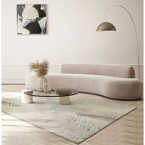 Vloerkleed 200 x 290 cm laagpolig - modern tapijt woonkamer, elegant glanzend woonkamer tapijt in crème met goud zilver veren patroon, tapijt - the carpet Mila