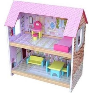 Playwood - Houten Poppenhuis 2 verdiepingen; inclusief 7 meubeltjes