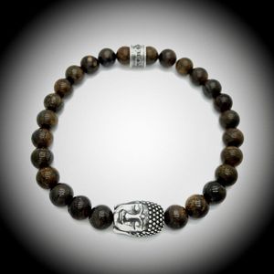 Natuursteen Armband met 925 Sterling Zilver Buddha / Boedha Bedel van 13 gram Zilver , Handgemaakte Edelsteen Kralenarmband met 8mm (Bruine Bronziet) kralen .