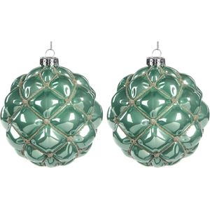 Viv! Christmas Kerstbal - Zilveren kraaltjes - set van 2 - glas - turquoise zilver - 10cm