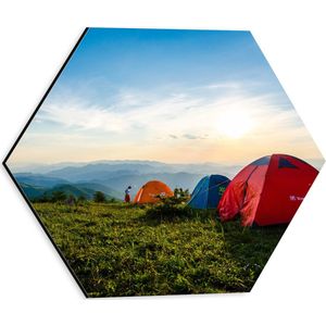 Dibond Hexagon - Bergen - Personen - Tenten - Gras - 30x26.1 cm Foto op Hexagon (Met Ophangsysteem)