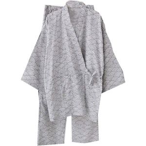 Green Glow - Kimono loungewear set met Japans overhemd en broek, grijze golven, katoen linnen spa badjas, Meerkleurig, maat L