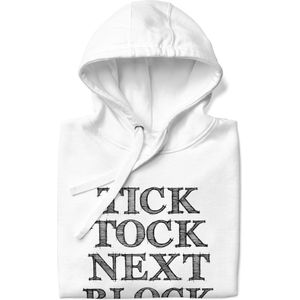 Tick Tock Next Block - Bitcoin Hoodie - Unisex - Kleur Wit - Maat S | Bitcoin cadeau| Crypto cadeau| Bitcoin Trui| Crypto Trui| Crypto Hoodie| Bitcoin Hoodie| Bitcoin Merch| Crypto Merch| Bitcoin Kleding| Crypto Kleding