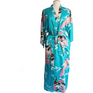 KIMU® Lange Kimono Turquoise - Maat M-L - Maxi Satijnen Kamerjas - Blauw Ochtendjas Lang Japanse Badjas Yukata Geisha Satijn Festival