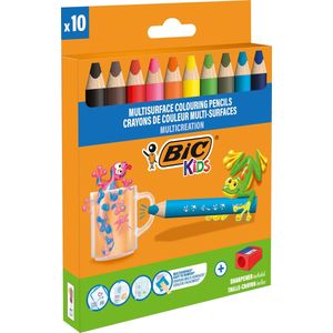 BIC Kids - Kleurpotlood Multisurface - Multi talent kleurpotlood - Diverse kleuren- Punt 1 cm- Pak van 10 stuks + 1 puntenslijper
