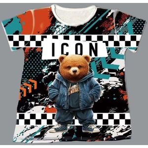 Stoer t shirt voor jongens van Icon met beren erop. Rugzijde is wit. Materiaal: 50% polyester/50% viscoseMaat 104.