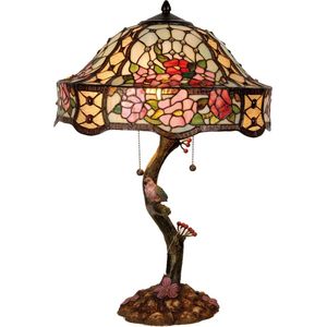 LumiLamp Tiffany Tafellamp Ø 45x62 cm Groen Roze Glas Bloemen Tiffany Bureaulamp