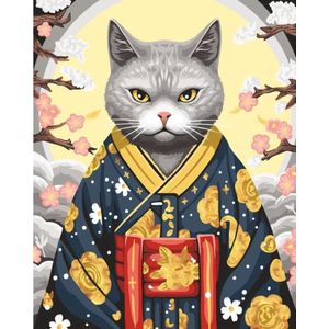 Schilderen op nummer - Wizardi - W033 - Cat in a Kimono - Kat met een Kimono - Canvas op houten frame