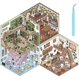 Allecto Plus - 4 sets DIY 3D huisstickers - scène stickers voor doe-het-zelf creaties - supermarkt, coffeeshop, restaurant en boekwinkel - decoratieve verlichting