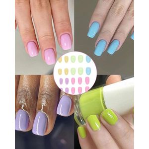 Allecto plus - 24 stuks glanzende meerkleurige press-on kunstnagels met regenboogprint, kort vierkant en rond