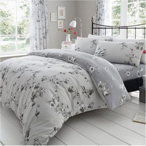 Luxe BIRDIE BLOSSOM Bed Set met Dekbedovertrek en kussensloop, Polyester-katoen, grijs, dubbel (200 x 200 cm)