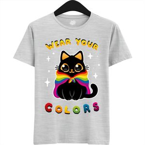 Schattige Pride Vlag Kat - Unisex T-Shirt Mannen en Vrouwen - LGBTQ+ Suporter Kleding - Gay Progress Pride Shirt - Rainbow Community - T-Shirt - Unisex - Ash Grijs - Maat S