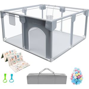 Grondbox - Inclusief Speelmat - Baby Box - Grondbox baby - Speelbox - Kinderbox - 120 x 120 cm - Speelballen - Reistas - Licht Grijs