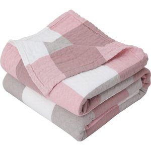 Voorgewassen katoenen deken, knuffeldeken 200x230cm, ademend en zacht bankdeken sprei met ruitpatroon, gezellige katoenen mousseline deken woondeken banksprei bedsprei