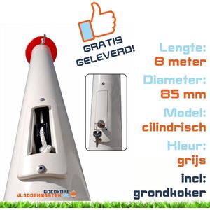 Onderhoudsvrije vlaggenmast anti-diefstal 8 meter aluminium cilindrisch 85 mm grijs geanodiseerd met cilinderslot en contra-gewicht en grondkoker - 8508A2A