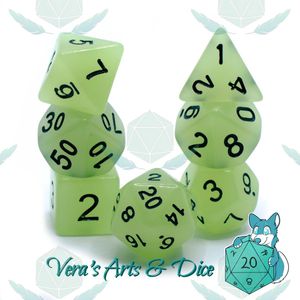 Polyset Dice | Dobbelstenen - Set Van 7 Stuks - Naturel Groen Glow in the Dark Zwart| Voor D&D en Andere Rollenspellen | Plastic Dobbelstenen Set voor Dungeons and Dragons | Polyhedral Dice Set | Met Mooie Zwarte Velvet Dice Bag voor Ongeveer 3 Sets