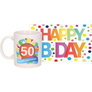 Verjaardag cadeau mok/beker 50 jaar print 300 ml + A5-size wenskaart Happy Birthday