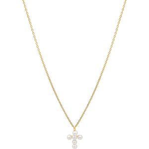Silventi 9NBSAM-G190199 Gouden Ketting - Dames - Kruis - Parel - 9,5 x 7,3 mm - Ankerschakel - 38 + 2,5 + 2,5 cm - 14 Karaat - Goud