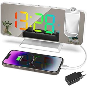 Plafondprojectiewekker met RGB-display, 7,5 inch, digitale klok, USB-poort, dubbel alarm