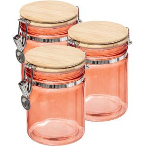 3x stuks voorraadbussen/potten 0,75L glas koraal oranje bamboe beugelsluiting - 750 ml - Voorraadpotten luchtdichte sluiting