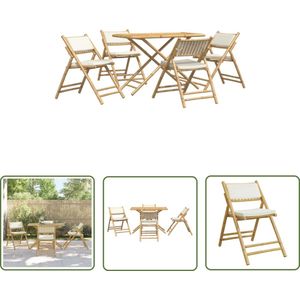 vidaXL Tuinstoel - Bamboebistroset - 5-delige Bistroset inklapbaar met kussens bamboe crèmewit - Buitenstektafel - Terrasmeubel - Lounge Set