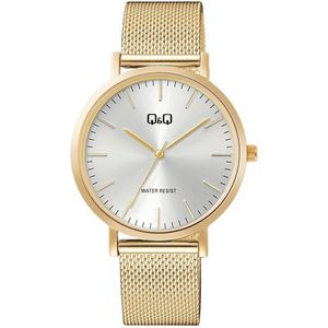 Q&Q C34A-005PY - Horloge - Analoog - Unisex - Milanese/Mesh stalen band - Rond - Metaal - Streepjes - Goudkleurig