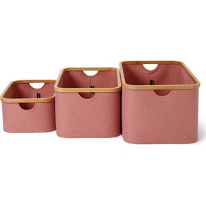 Lumaland rechthoekige opbergdoos met bamboe-frame in set van 3 dozen van 54 x 33 x H 26 cm en 45 x 30 x H 23 cm en 38 x 26 x H 16 cm roze