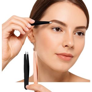 Duo Pack – 2 Stuks Epileer Pincet – Zwart & Ros – RVS Tweezer – Wenkbrauw Pincet met Schuine Punt – Hoge Kwaliteit – Precisiepincet voor Epileren & Ingegroeide Haartjes – 9,6 cm