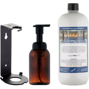 Zeepdispenser 300 ml amber bruin hervulbaar + 1 liter Handzeep Hammam Herbal navulling (inclusief beugel)