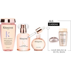 Kérastase Gloss Absolu Anti-frizz Trio + Cadeau - Shampoo 250ml, Hair Mist Haarparfum 30ml & Glaze Drops Haarolie 45ml + Kérastase Haarborstel & Shampoo 30ml Cadeau - Voor Lang Haar Gevoelig Voor Pluis