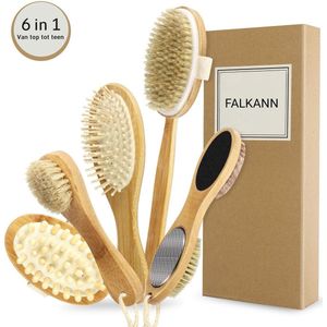 6 in 1 Bamboe Doucheborstel Set | Gezichtsborstel | Dry Brush | Douche Borstel | Badborstel | Voet/Eelt Vijl | Anti-Cellulitis | Rugborstel | Haarborstel | Scrubborstel | Bamboo