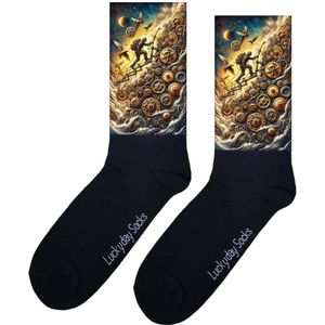 LuckyDay Socks - Steampunk sokken - Tandwielen print - Verjaardag cadeau - Sinterklaas sokken - Vrolijke sokken - Kostuum sokken - Kerst sokken - Vrolijke sokken - Grappige sokken - Leuke dames en heren sokken - Moederdag - Vaderdag - Golven zee