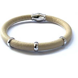 Jolla - dames  armband zilver - leer - magneetsluiting - bedels - Single Silver  - Beige