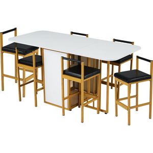 Sweiko Familie eettafel stoel set, 1 eettafel en 6 stoelen, opvouwbare eettafel, uitbreidbare eettafel, multifunctionele eetkamer stoelen, Wit en goud