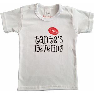 Wit baby t-shirt met ""Tante's lieveling"" - maat 92 - babyshower, zwanger, cadeautje, kraamcadeau, grappig, geschenk, baby, tekst, bodieke