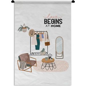 Wandkleed Quotes voor thuis - Quote voor thuis 'Love begins at home' met een illustratie van een slaapkamer Wandkleed katoen 120x180 cm - Wandtapijt met foto XXL / Groot formaat!