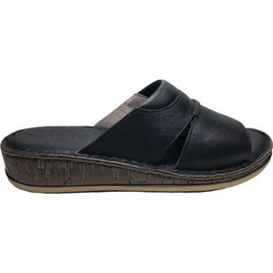Manlisa Mt 36 4 cm hoogte lederen comfort slippers S207-1844 zwart