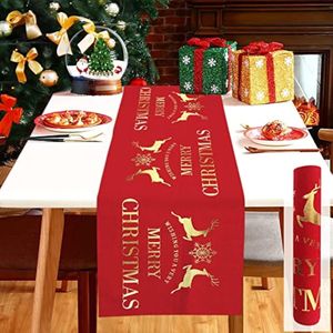 Kerst tafelloper rol , rood linnen kerst tafellopers tafelkleed met gouden eland sneeuwvlok , 30 x 274 cm lang kerst diner tafelkleed en lopers voor eettafel kersttafeldecoraties