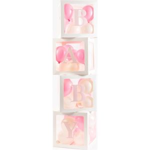 Doorzichtige ballon blokken dozen incl 20 ballonnen wit en roze. Babyshower-Geboorte-Babyboy-Babygirl.