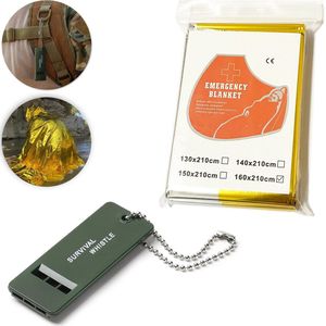 Colorful Sun® Survival Kit: Noodfluit + Reddingsdeken - Noodfluit x 1 + Reddingsdeken x 1 (160x210cm, Goud/Zilver) - Voor Outdoor Avonturen, Wandelen, Kamperen en Noodsituaties - Thermische Isolatiedeken en Luide Alarmfluit met Sleutelkoord