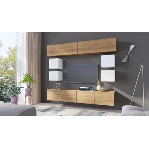 TV-meubel - CALABRINI 16 - Hangmeubel - Wit + Gouden Eik - 210 cm