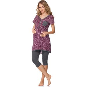 Bellivalini Dames Zwangerschapspyjama - Korte mouwen - Korte broek met borstvoedingsfunctie - Katoen - BLV-BLV50-126-PJ - Wijnrood Sterren/Grafiet - XL