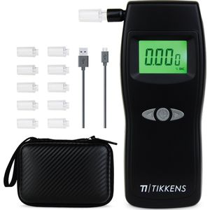 TIKKENS® Digitale Alcoholtester - Geschikt voor Frankrijk, Nederland, België, ... - Alcoholtest - USB Oplaadbaar - Blaastest Alcohol - 10 Extra Mondstukjes - Zwart