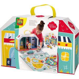 SES - Petits Pretenders - Winkelstraat speelkoffer en speelmat - speelkoffer met 3 winkels, speelkleed en 4 houten speelfiguren